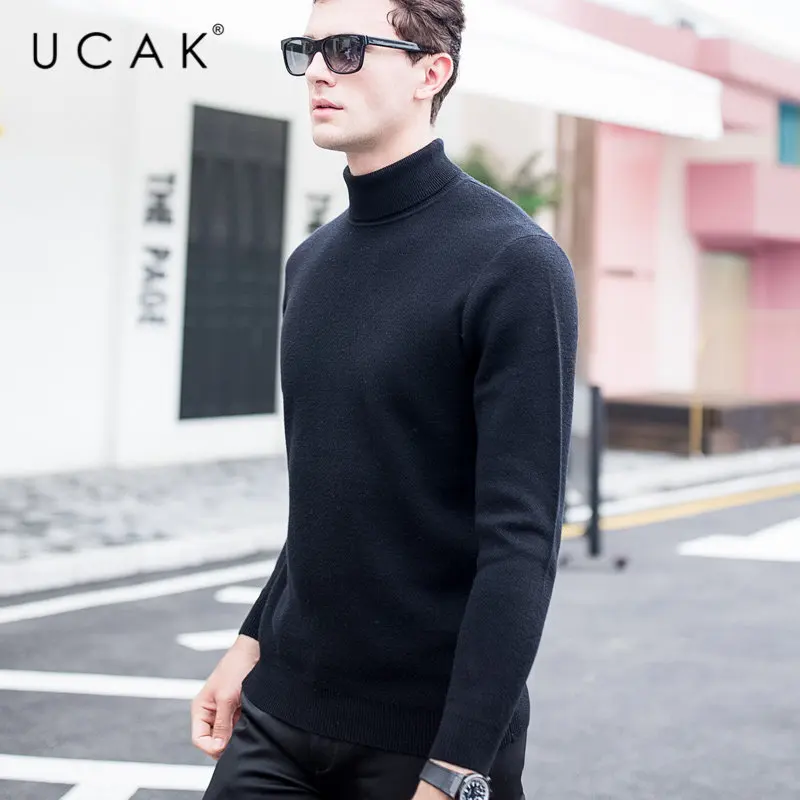 ^Cheap UCAK Brand Sweater Men Autumn Winter Thick Warm Turtleneck Pull Homme Pure Merino Wool Pullover Men Soft Cashmere Sweaters U3015