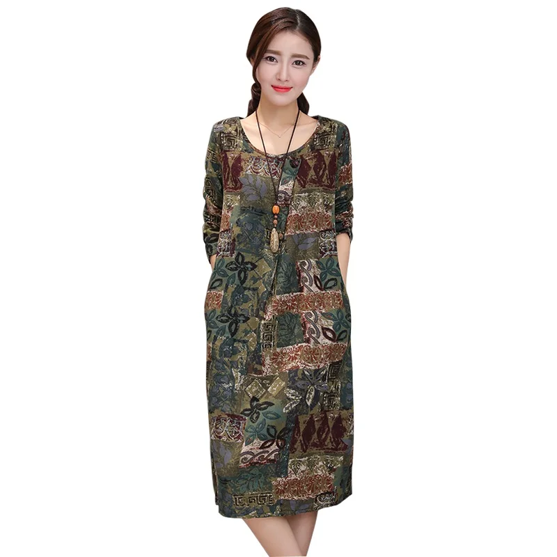 

2018 Women Autumn Winter Printing Split Dress Robe Vintage Round Neck Long Sleeve Casual Loose Long Dresses With Pockets
