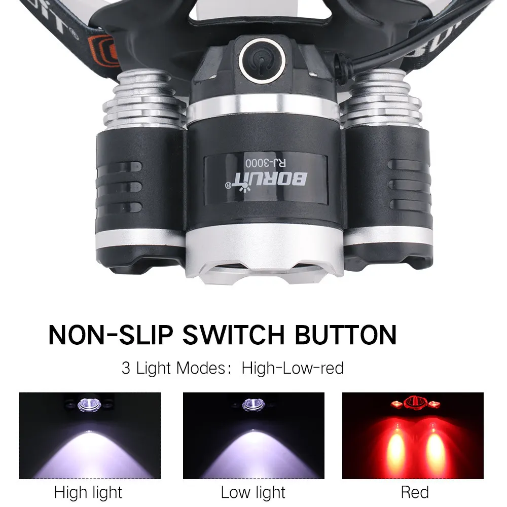 BORUiT RJ 3000 XML T6 + 2 * XPE красный светодиодный налобный фонарь 3 режима