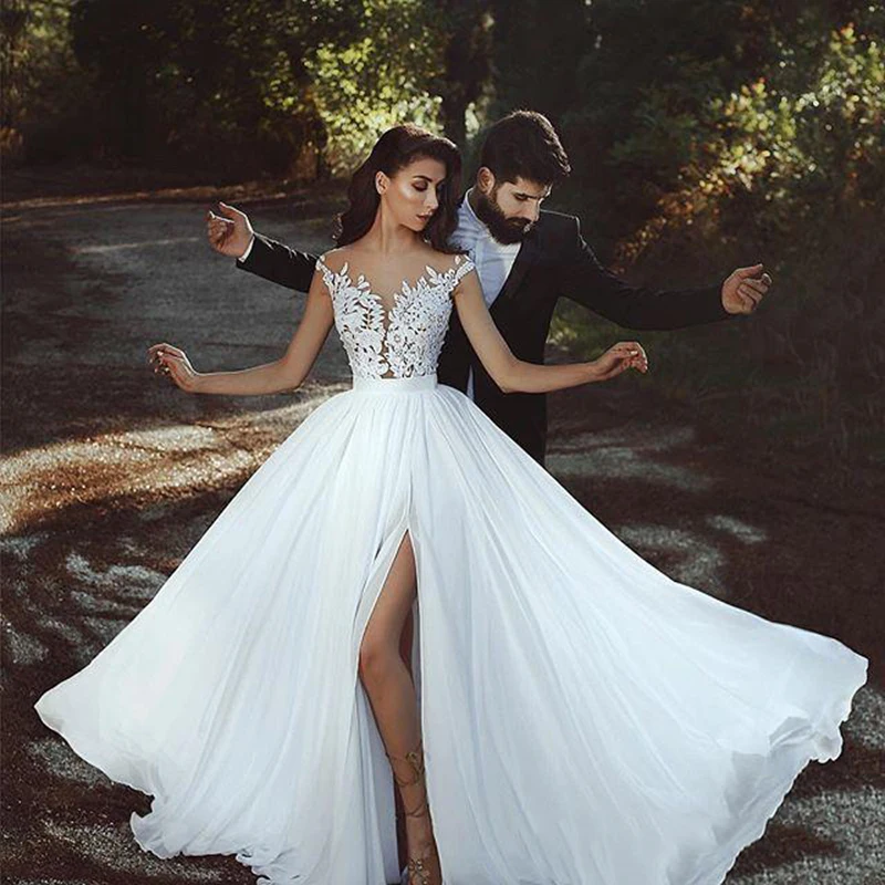 1901-2018 Sexy Backless Wedding Dresses Lace Applique Sheer Jewel-Neck Sleeveless Side Split Wedding Dress Glamorous Dubai Chiffon Bridal Dresses