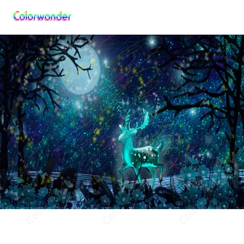 

Colorwonder Fairy Tale World Photography Background Magical Elk with Green Sequins Dreamy Forest Night Backdrop for Photo Booth