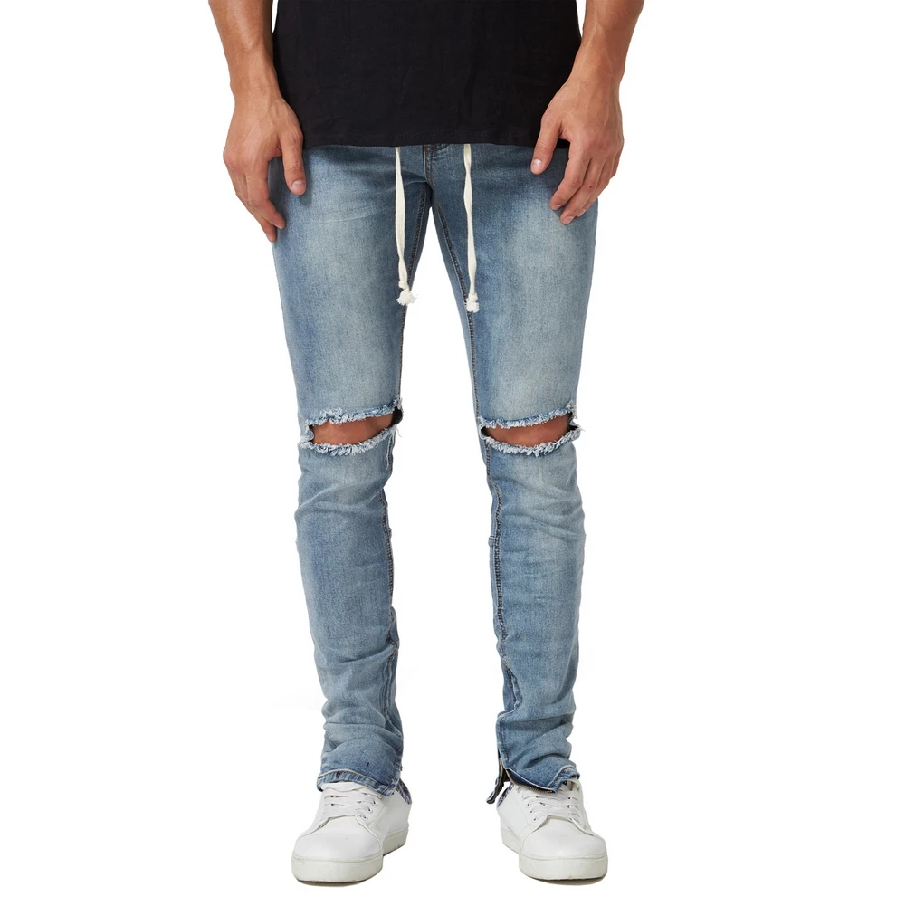 Новые мужские эластичные рваные джинсы в стиле хип-хоп с боковой молнией на лодыжке