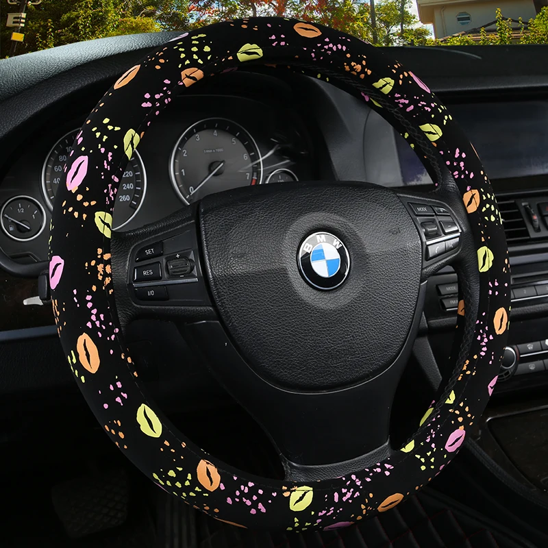 

KKYSYELVA 38cm Auto Steering-Wheel Black Car Styling Steering Wheel Cover Leather Steering Covers Car Interior Accessories