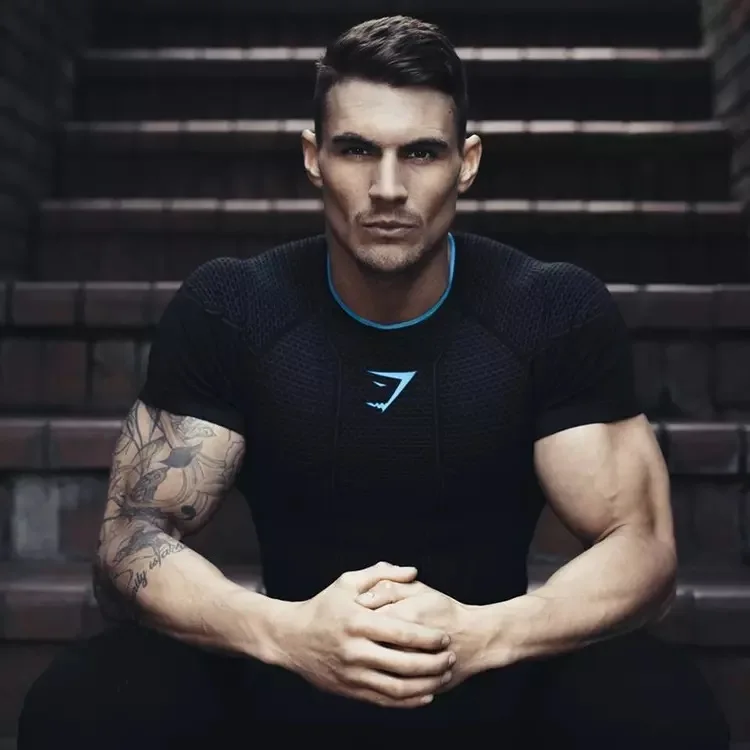 

6037J-Workout fitness men Short sleeve t shirt men thermal muscle bodybuilding wear compression Elastic Slim exercise clothing