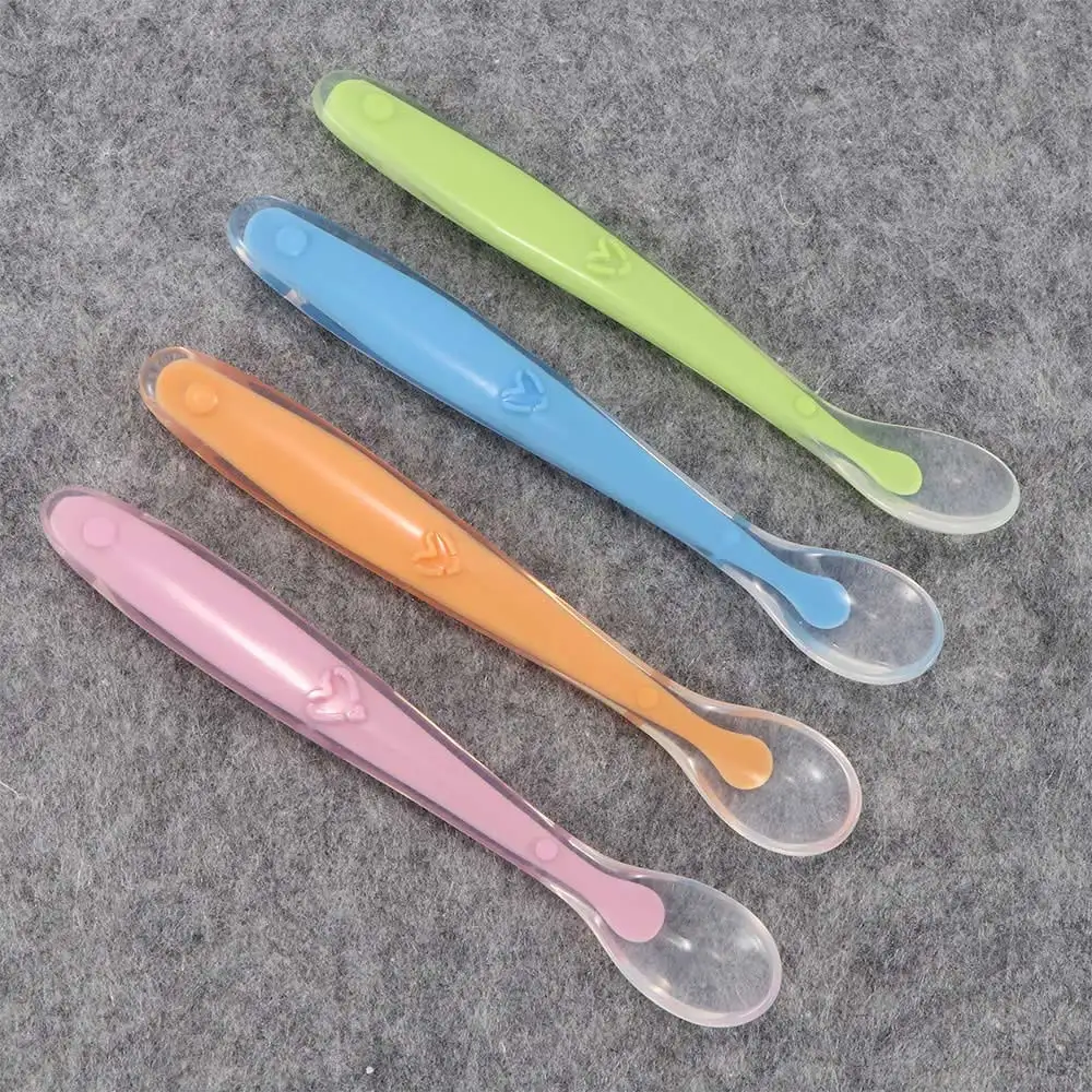 

New Clear Soft Safe Non-toxic Silicone Baby Spoon Feeding Spoon Lovely Flatware Tableware Gift For Kids 4 Colors Available