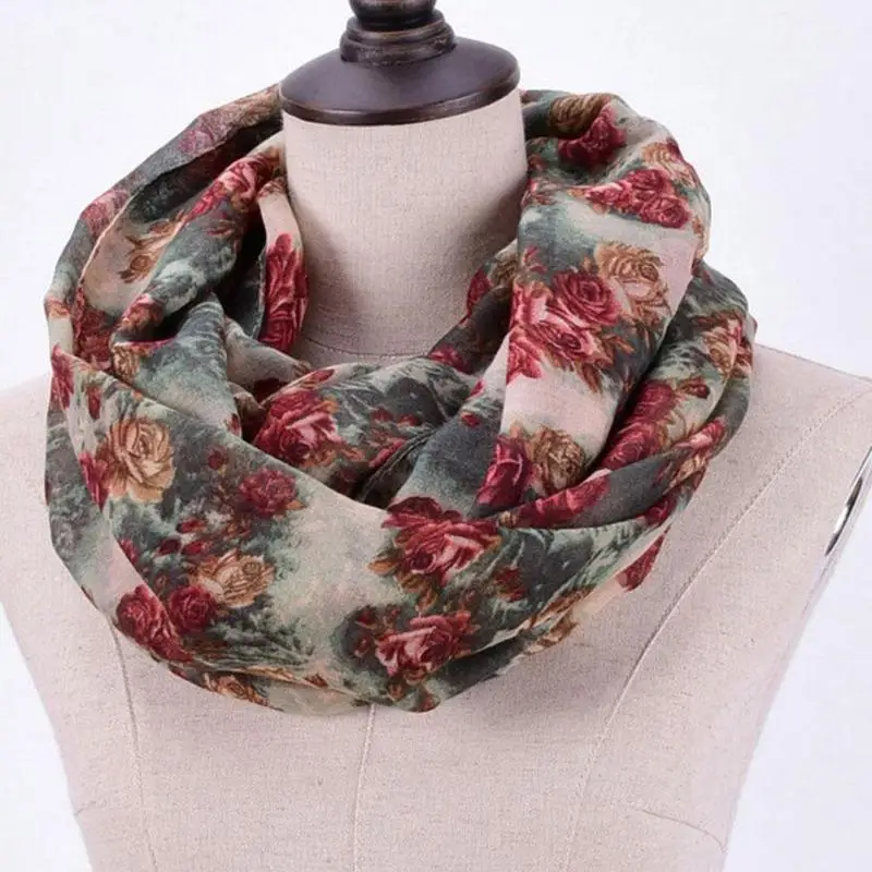 

Flower Pattern Warm Women Loop Scarf Female Small Rose Print Ring Scarf Scarves Infinity Shawl Wrap Clothes Accessories