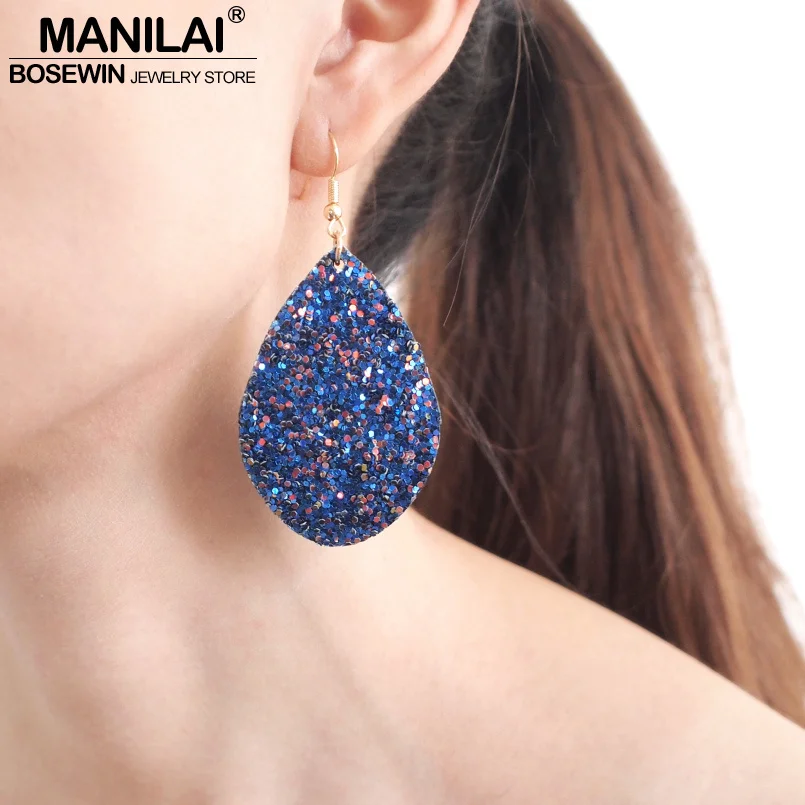 

MANILAI Sequins MultiColors Leather Dangle Earrings For Women Fashion Statement Earrings Big Dangle Wholesale