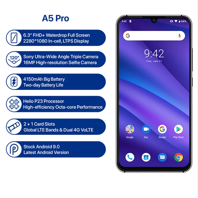 UMIDIGI A5 PRO Android 9 0 Octa Core 6 3 &quotFHD + безрамочный экран в виде капли воды 16MP тройной
