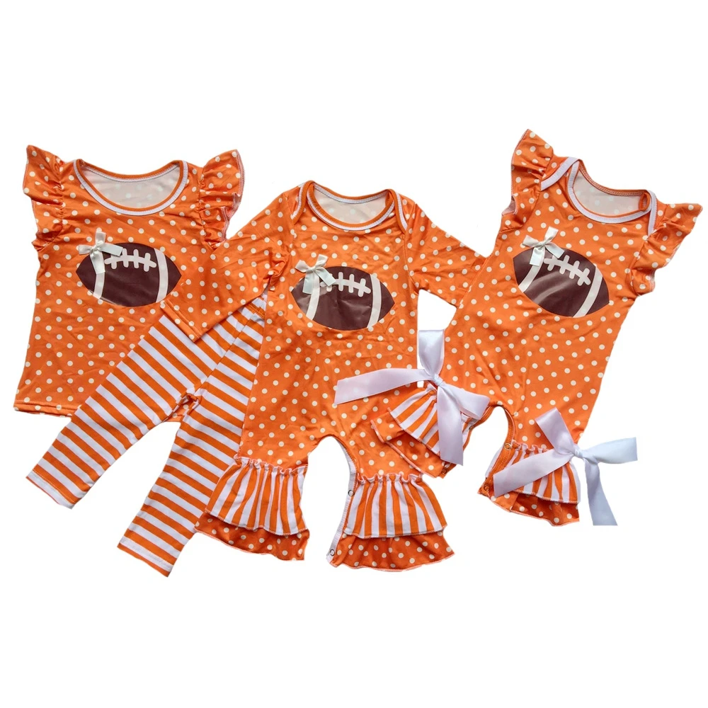 New Arrival vinyl heated Football Newborn Polka Dots&strips baby Rompers flutter sleeve girls romper