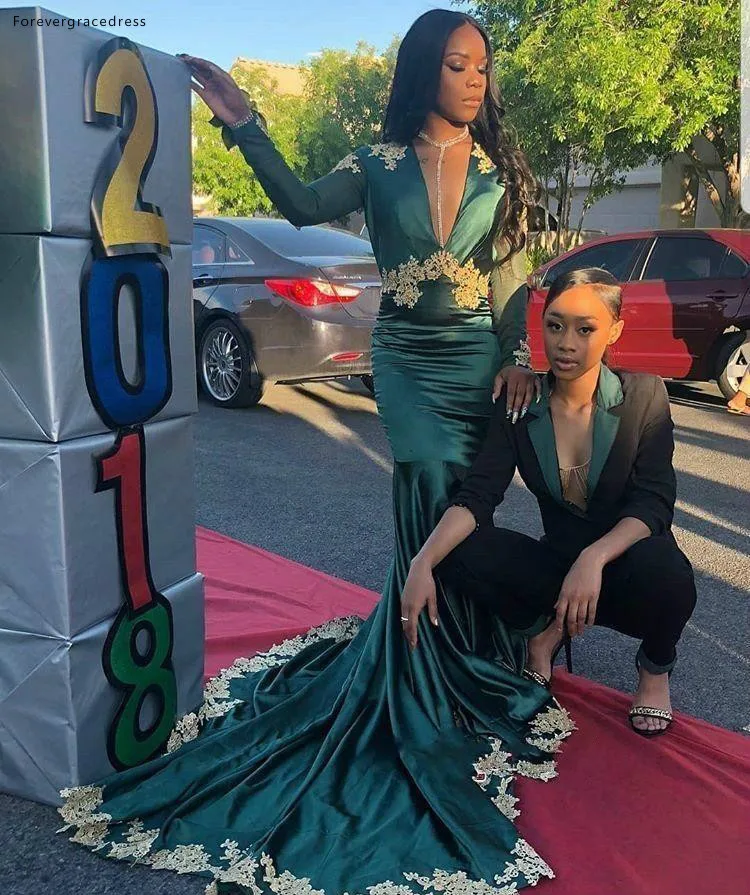 Dark Green Long Sleeves Prom Dresses 2019 South African Black Girls Deep V  Neck Holidays Graduation Wear Evening Party Gowns|Prom Dresses| - AliExpress