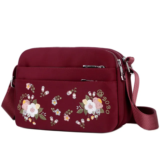 Luxury Brand Flower Shoulder Bag Women Small High Quality Nylon Tote Top-handle Travel Crossbody Bag Embroidery Messenger Bags Red
