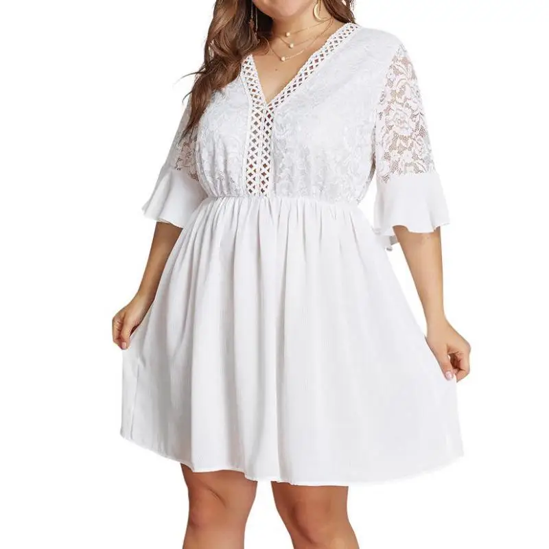 

Women Large Size Beach Style A-line Solid Half Sleeve Lace Back Above Knee Mini Dress Plus Size Pure White V-neck Spring Dresses