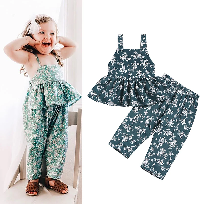 

Girls Clothing Set 2019 Summer Baby Girl Clothes Flower Sleeveless Top Long Pants or Shorts Children Clothing Dropshipping