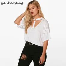 Летние Новые Модные металлические кольца повязки Полые футболки для женщин v-образным вырезом плюс размер заклепки сплошной цвет свободная футболка WSA64