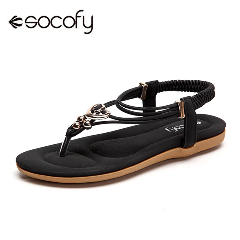 

Socofy Bohemian Sandals Women Shoes Summer Clip Toe Flat Sandals Beach Cross-strap Metal Heart Slip On Elastic Flip Flops Shoes