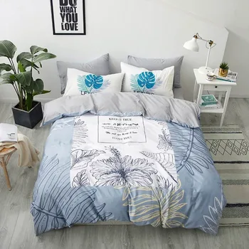 

2019 Fresh Leaves Grey Scandinavian Cotton Bedlinens 4pcs Bedding Set Twin Queen Customize Size Bedsheet Pillowcases