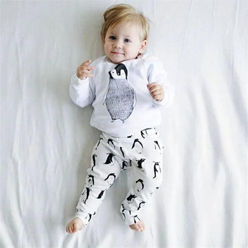 Unisex Baby Suit Little Penguin Print Long Sleeve Top+Pants 2 pcs Baby