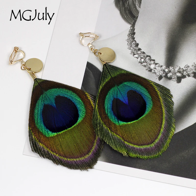 

Natural Feathers Earrings No Hole Ear Clips Peacock Feather Clip Earrings Without Piercing Minimalist Women Long Earring CE176