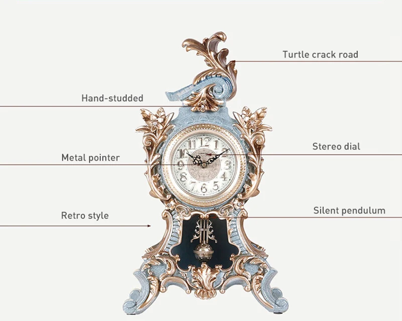 Классические европейские ретро бесшумные часы небесно-голубого цвета для гостиной, спальни, декорированные маятниковые часы, настольные украшения, Инструмент Синхронизации