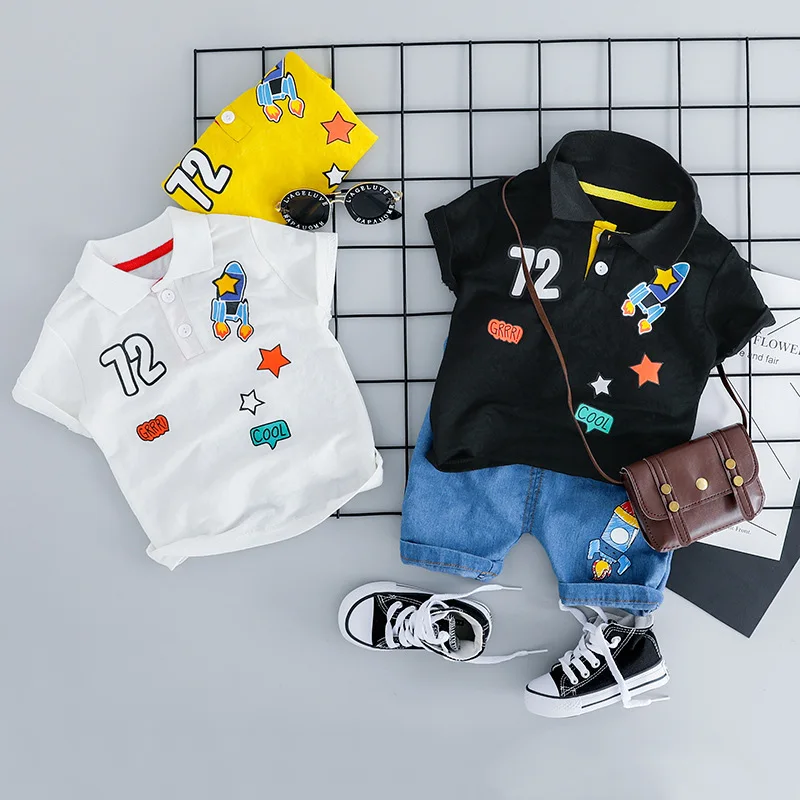 

Children's clothing new children's clothes summer children's casual lapel short-sleeved T-shirt denim shorts two-piece
