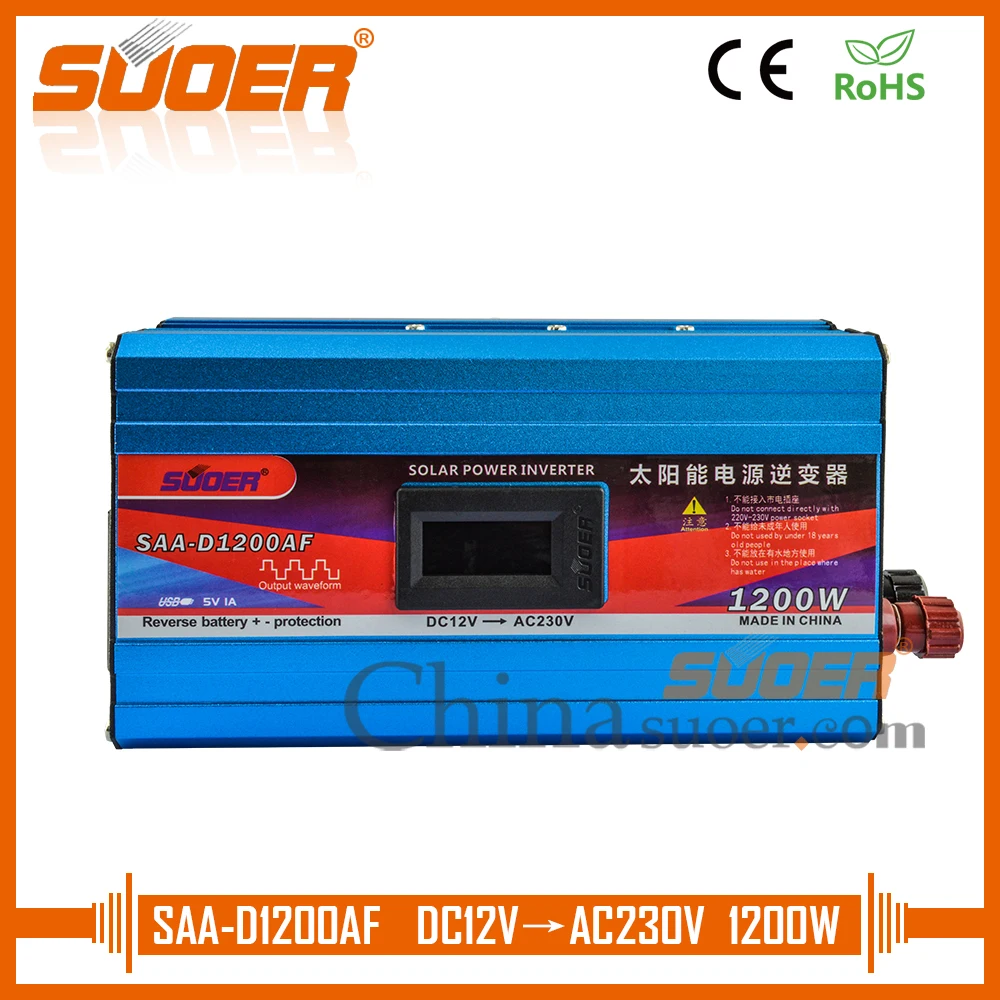 

Suoer 1200W Inverter 12 Volt 220 Volt 50Hz 60Hz DC AC Inverter With Anti Reverse Connection(SAA-D1200AF)