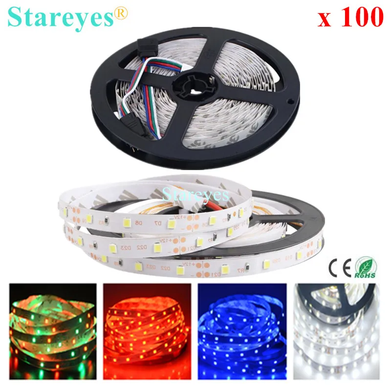 

100 pcs SMD 3528 2835 60 LED / M RGB Strip 5M 300 LED DC12V Non Waterproof string flash light Ribbon LED Lighting RGB tape