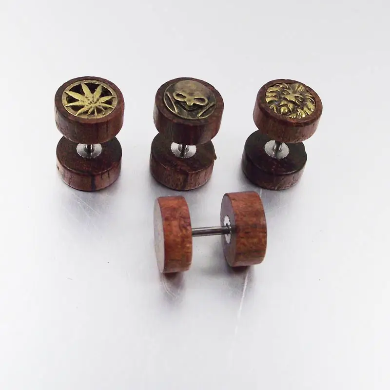 2 Pieces Vintage Wood Fake Ear Plug Flesh Plugs Skull Leaf Lion Design