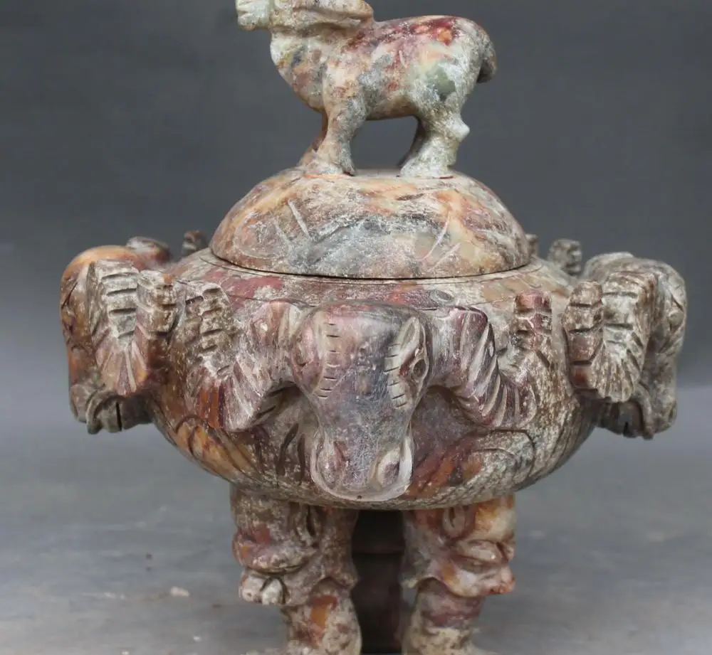 

free shipping 10" Old Rare Dynasty Palace Jade Bull Lion Zun Incense Burner Censer Sculpture
