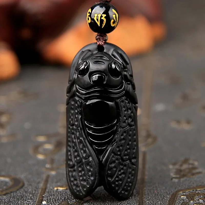 Натуральный черный обсидиан животное резной Цикада блокбастер кулон счастливое ожерелье Модные украшения вечерние цепочка с подвеской в подарок