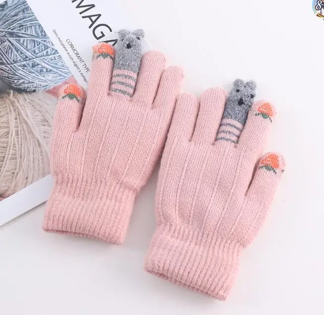 Высокое качество зимние детские пальцы теплые вязаные перчатки для девочек картонный кролик двойной слой плюс бархатные перчатки для детей От 7 до 11 лет - Цвет: pink