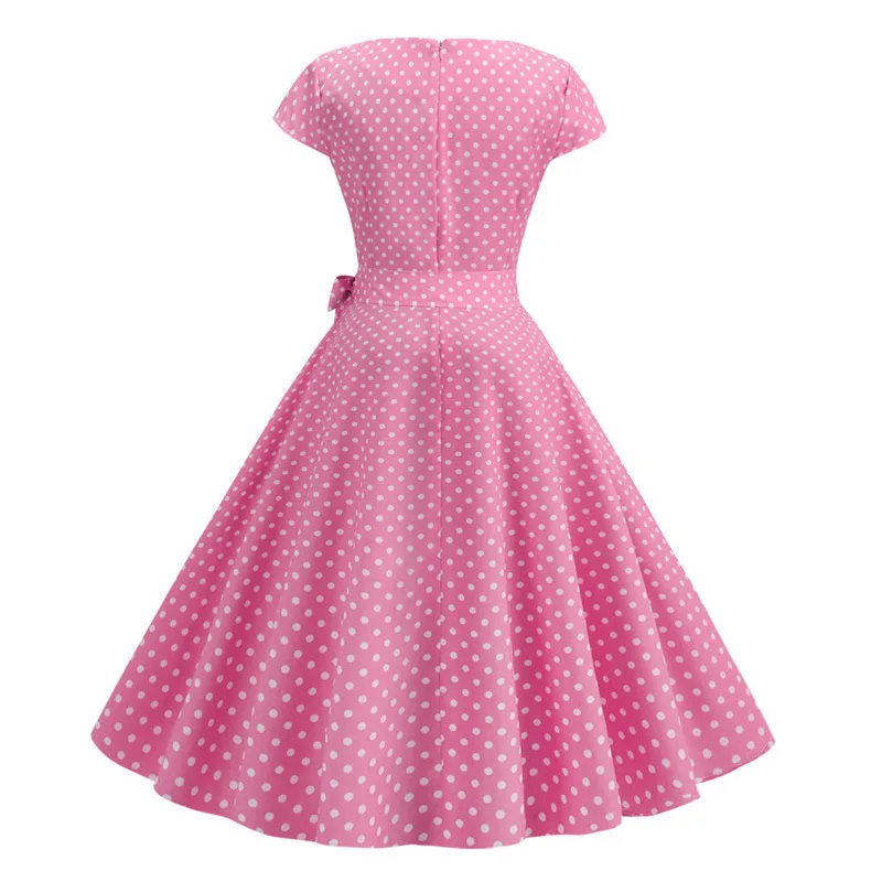 Розовое летнее платье в горошек, новая мода, короткий рукав, o-образный вырез, 50 s, 60 s, Ретро стиль, пинап, рокабилли, длина до колена, повседневное, Свинг