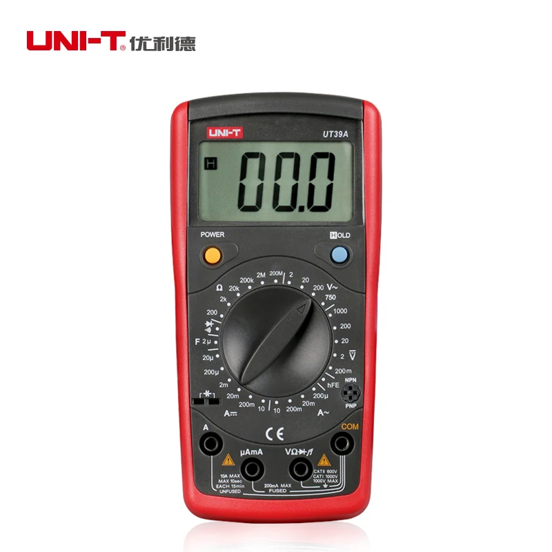 

Handheld UNI-T UT39A Multimeter Amp Ohm Volt Meter Digital LCD Count 1999 Manual Range Transistor Data Hold High Precision