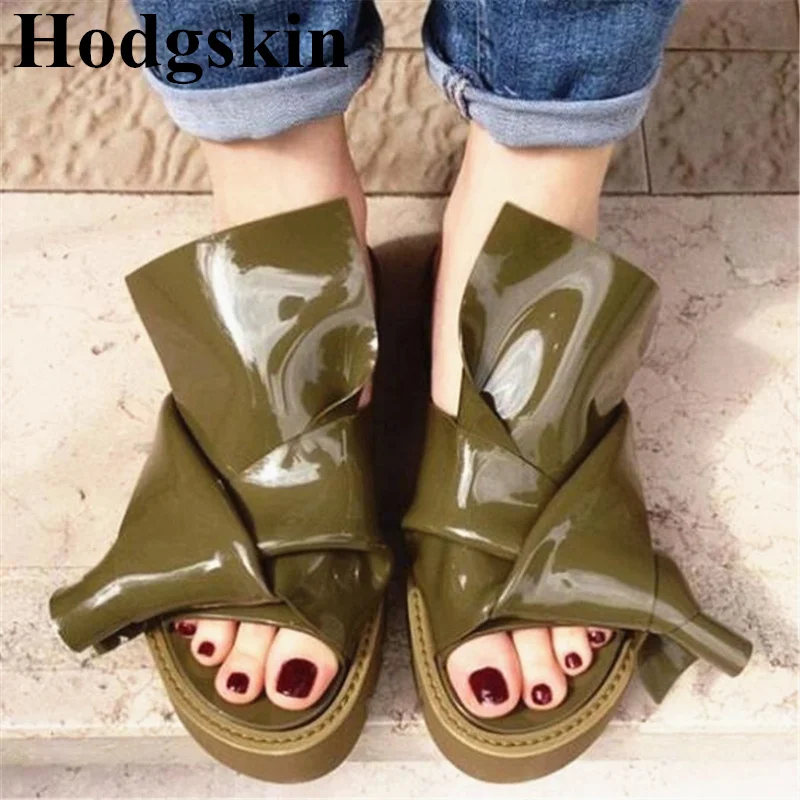 

Casual Street Fashion Candy Color Women Slippers Patent Leather Bow Tie Summer Slides Outside Party Platforms Flat Soft Sandals