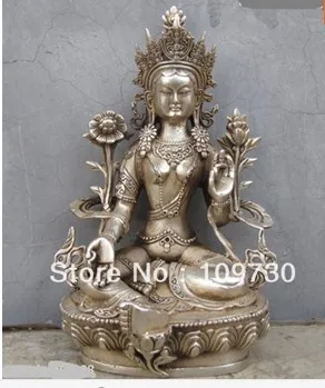 

bir 00582 Tibet Buddhism White Bronze Silver Green TaRa Kwan-Yin Buddha Statue