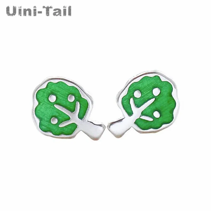 Uini-Tail список 925 Стерлинговое Серебро Простой, маленький, зеленый маленькие серьги в виде дерева Модный милый тренд Милая аллергия