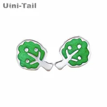 Uini-Tail список 925 Стерлинговое Серебро Простой, маленький, зеленый маленькие серьги в виде дерева Модный милый тренд Милая аллергия