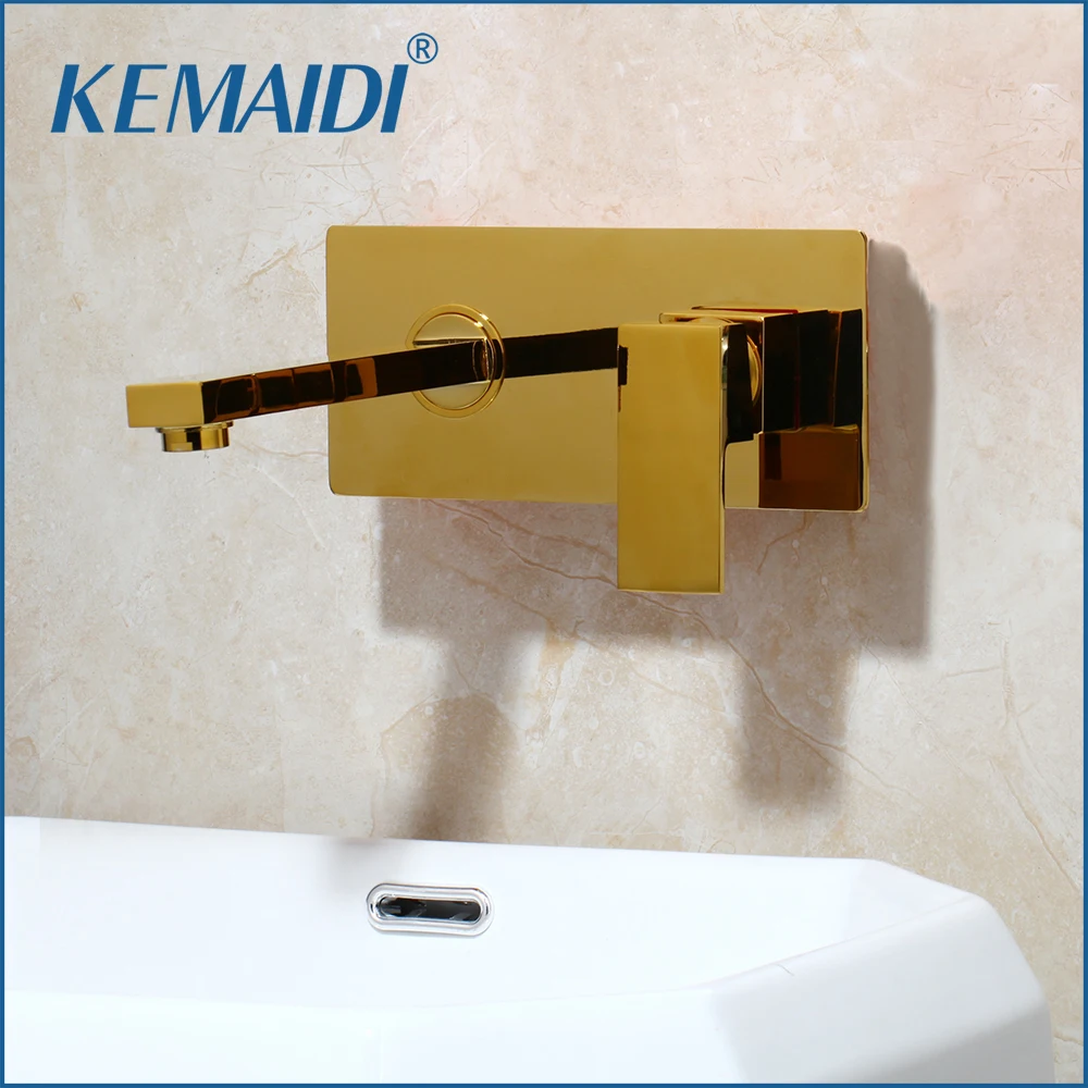 

KEMAIDI Bathroom Basin Sink Faucet Golden Finish Wall Mounted Square Solid Brass Mixer Tap With Embedded Box Hot and Cold Water