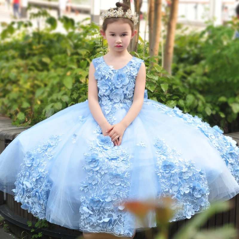 

Appliques Ball Gown Big Bow Princess Dress 2018 Flower Girls Dresses Floor Length Children Wedding Party Kids Dress Luxury D148