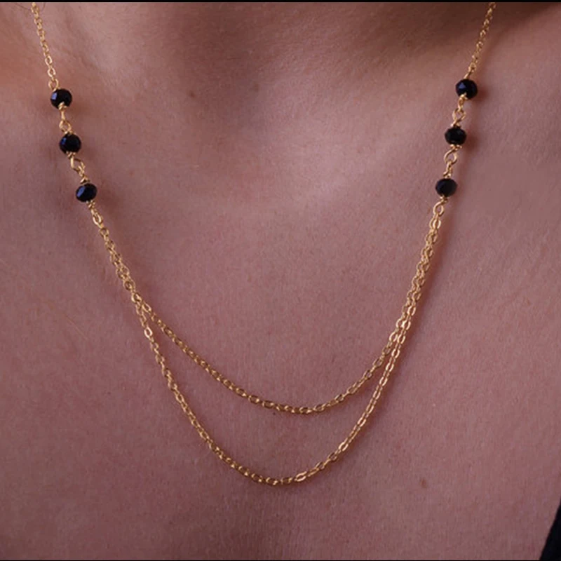 Golden chain summer new charm jewelry Simple and beautiful double black crystal Layered Necklace &amp women's fashion | Украшения и
