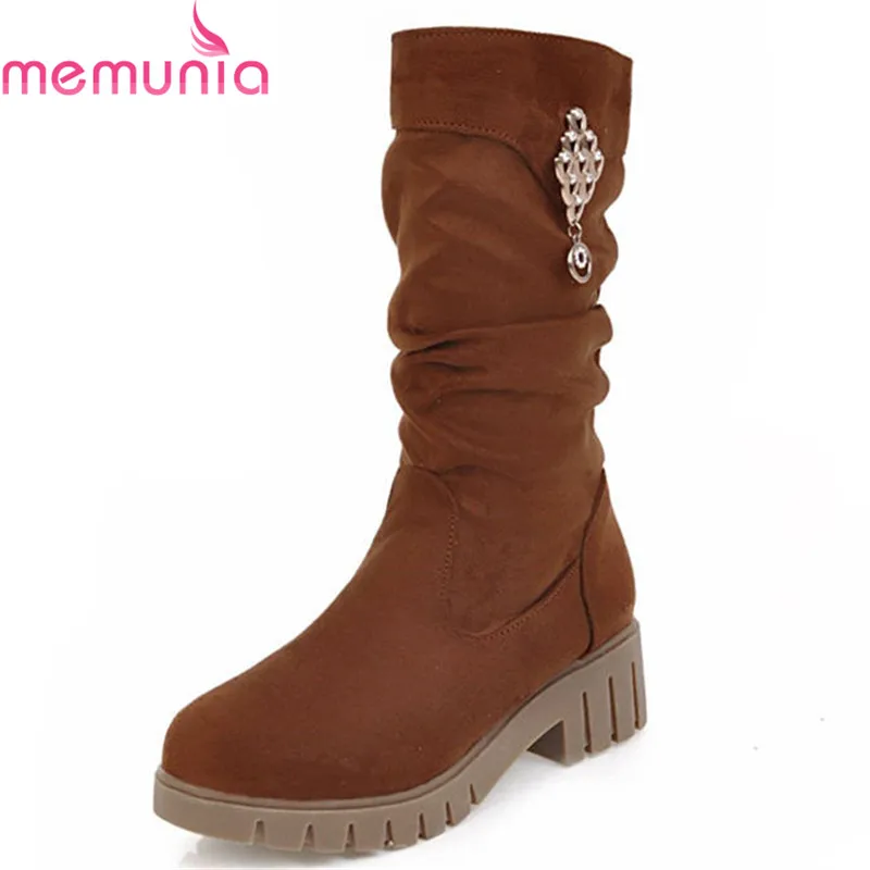 

MEMUNIA 2018 newest round toe short plush autumn winter mid calf boots slip on fashion platform boots casual shoes size 33-43