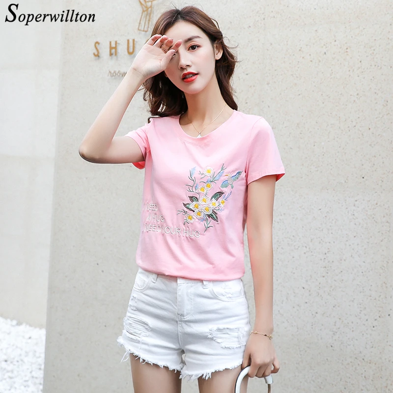 

Kawaii Flower embroider Women T Shirt Pink Black Blue Female T-Shirt Sweet Girl's Tshirt Femme Tops 2019 Summer T-Shirt