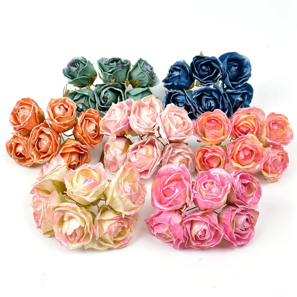 

6pcs Artificial Flower Silk Bright Pink Rose Bouquet For Wedding Home Christmas Decoration DIY Garland Scrapbook Craft Supplies