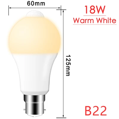 Светодиодный светильник с датчиком движения B22, IP42, 12 Вт, 18 Вт, 110 В, 220 В, С сумерками до рассвета, ночной Светильник для дома, патио, умный садовый светильник, теплый белый - Испускаемый цвет: B22 18W WW