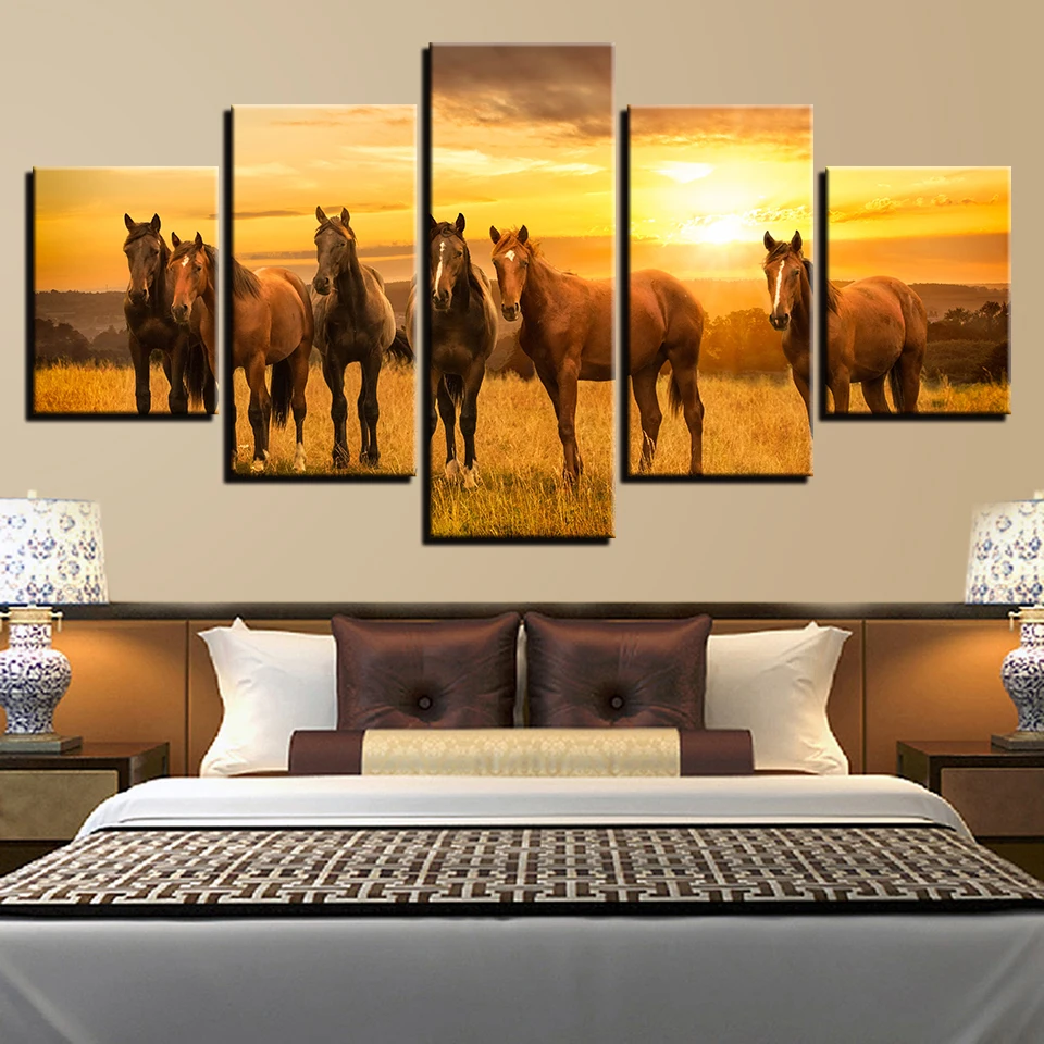 

5D Full DIY 5 Panel 5d diamond painting Animal Horses Group Sunshine Natural Scenery Cross Stitch Mosaic Decor Christmas gift