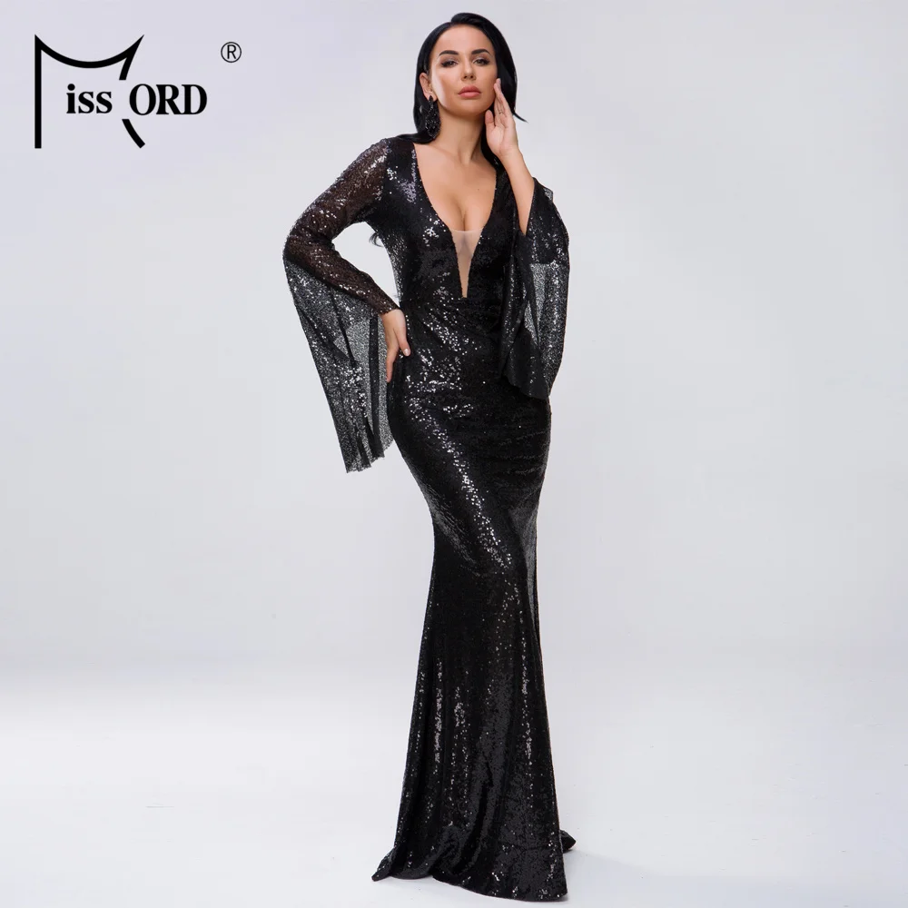 Missord женское сексуальное платье с глубоким v-образным вырезом и длинным Расклешенным рукавом с блестками женское однотонное Макси элегантное вечернее платье Vestdios FT18731-3