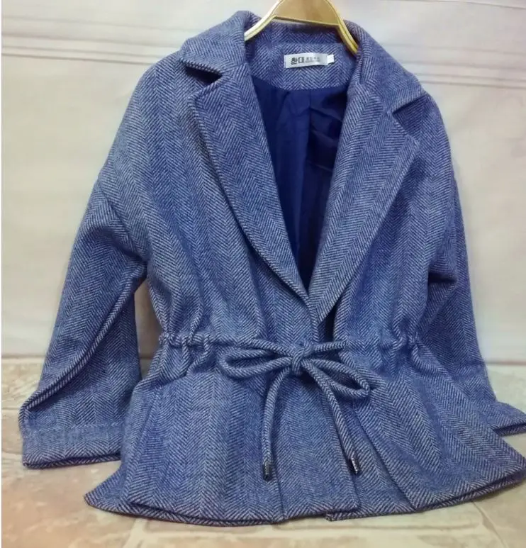 Новая мода, подиумный дизайнерский воротник с лацканами, приталенный шерстяной короткий жакет с завязками, Женский клетчатый пояс, твидовое шерстяное пальто - Цвет: Тёмно-синий