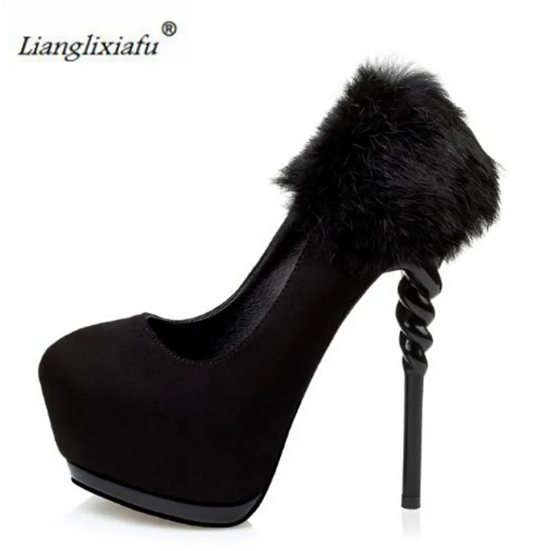 

LLXF CDTS Plus:34-39 Spring/Autumn Platforms shoes Suede woman Stiletto 14cm thin heels Fur wedding/Dress pumps zapatos mujer