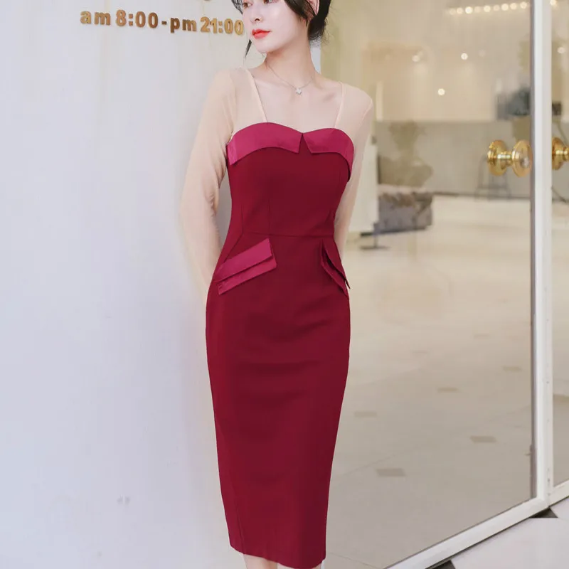 Dress Solido Festa Rosso Senza Bretelle Borgogna Ginocchio Di Manicotto lunghezza Nuziale Donne Club Della 2018 Pieno Wrap Del Autunno Dritto Vestito Abiti Vestido wZ40nYqUSx