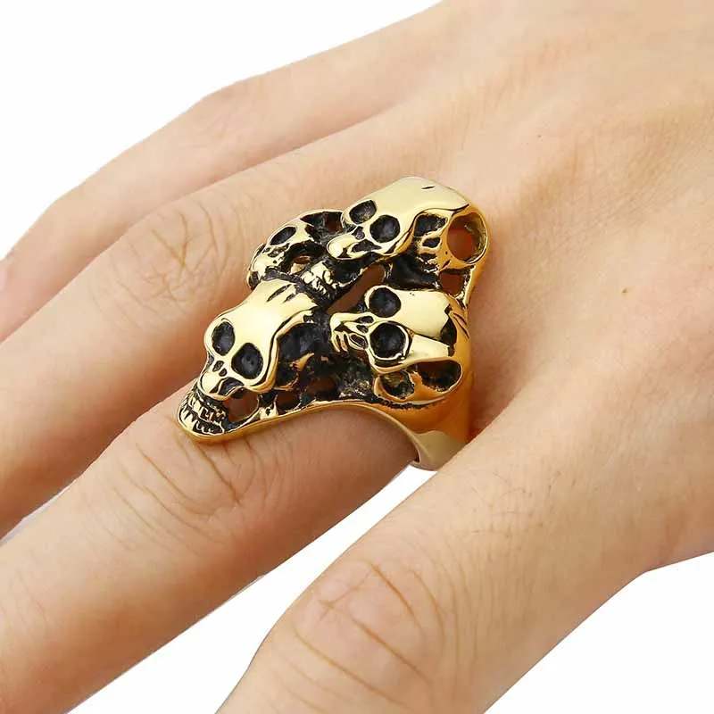 

Valily Jewelry Men's Ring Vintage Classic Gothic Embossed Skull Biker Rings Stainless Steel Ring Band gold Black Skeleton Rings