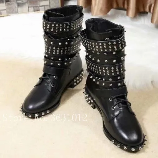 

Newest Top Quality Big Buckle Strappy Spike Rivets Studs Women Short Boots Punk Cool Motorcycle Boots Shoes Woman Large Size 42